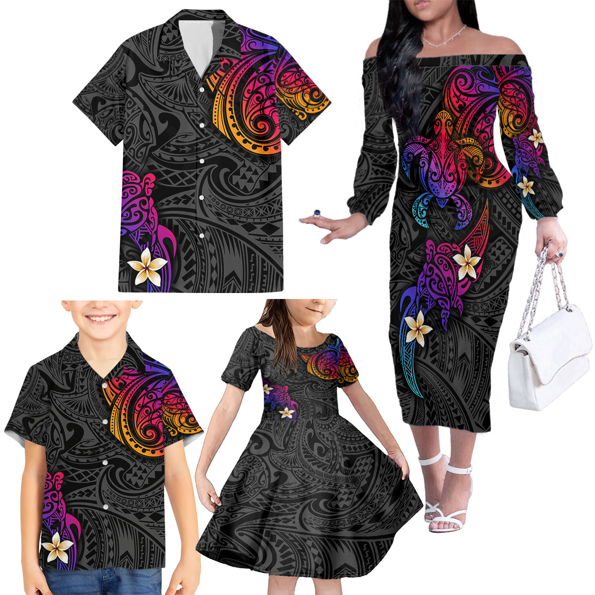 Turtle and Plumeria - Polynesian Family Matching Off Shoulder Long Sleeve Dress and Hawaiian Shirt TS04 - Polynesian Pride