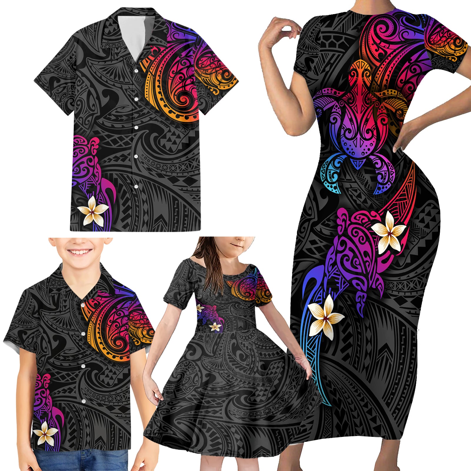 Turtle and Plumeria - Polynesian Family Matching Short Sleeve Bodycon Dress and Hawaiian Shirt TS04 - Polynesian Pride