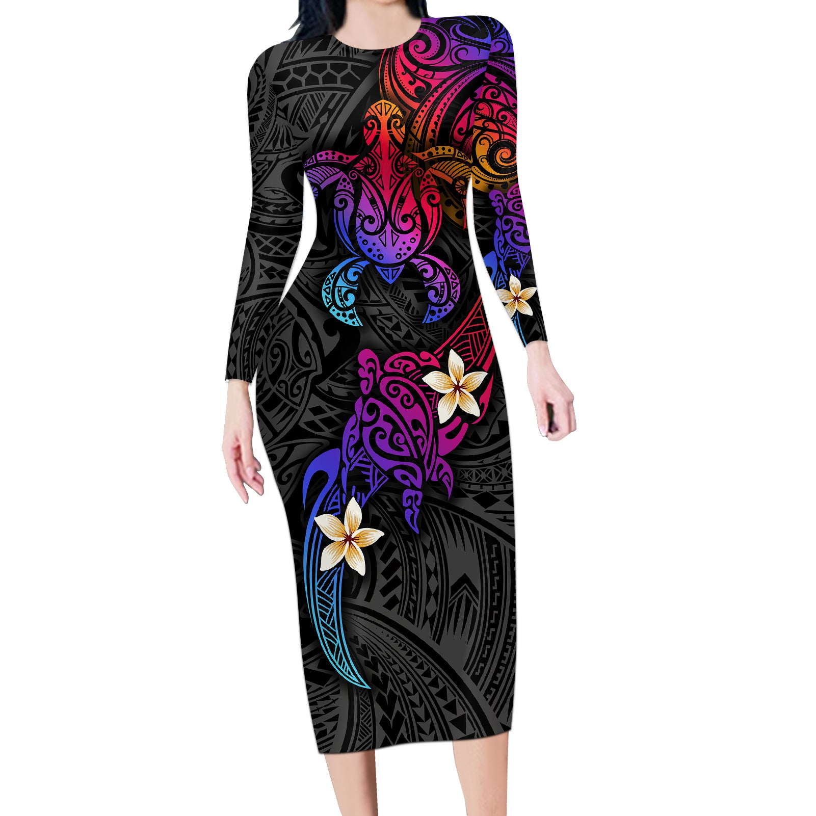 Turtle and Plumeria - Polynesian Long Sleeve Bodycon Dress TS04 Long Dress Gradient - Polynesian Pride