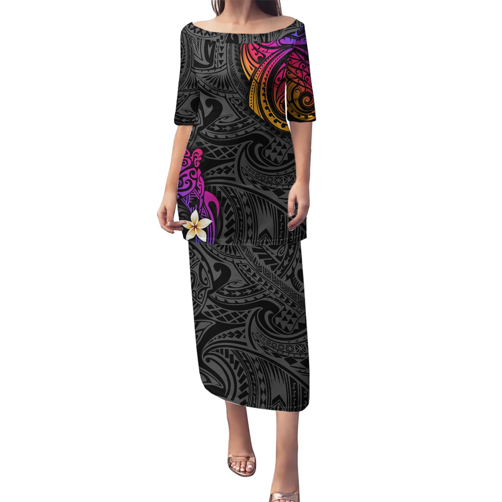 Turtle and Plumeria - Polynesian Puletasi TS04 Long Dress Gradient - Polynesian Pride