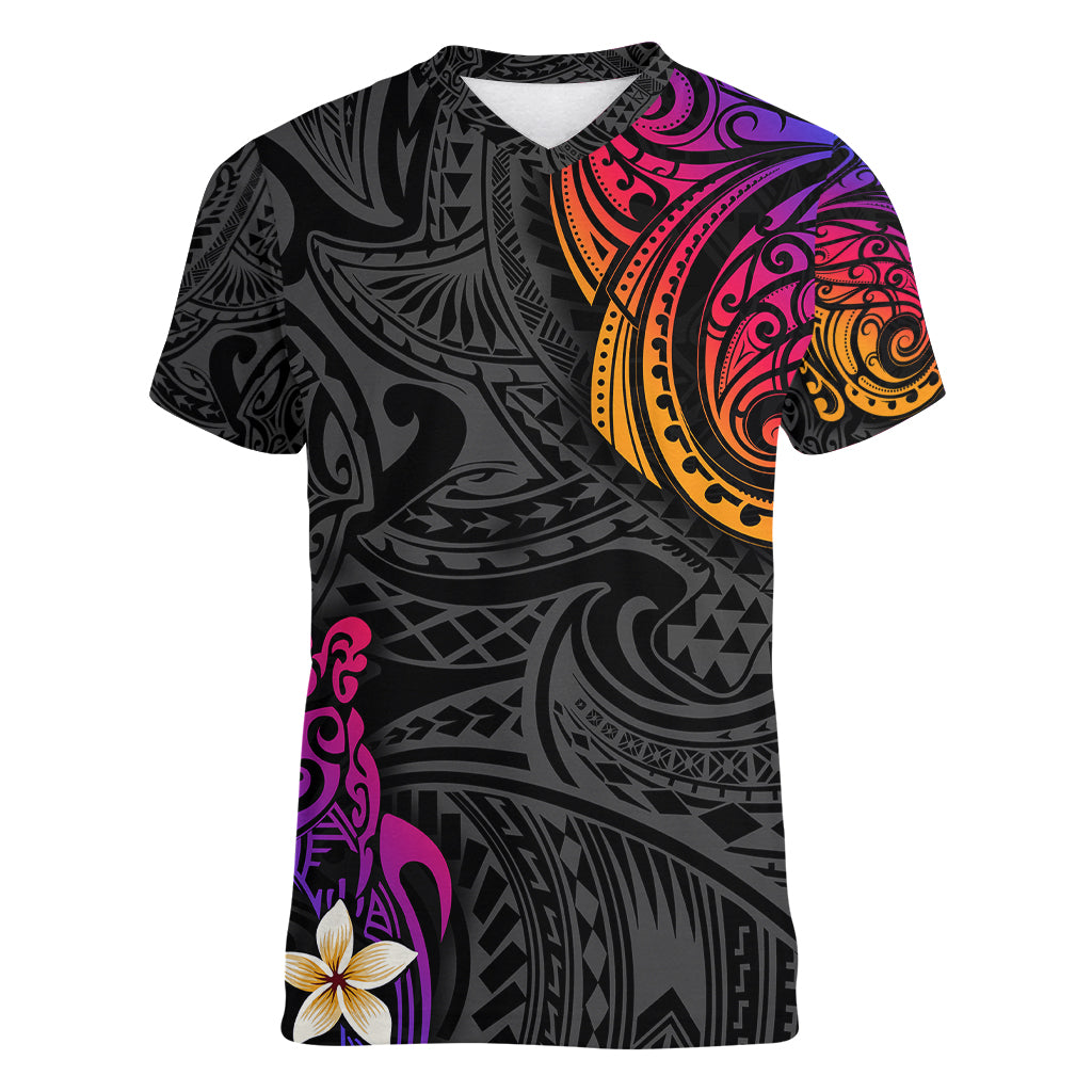 Turtle and Plumeria - Polynesian Women V Neck T Shirt TS04 Female Gradient - Polynesian Pride