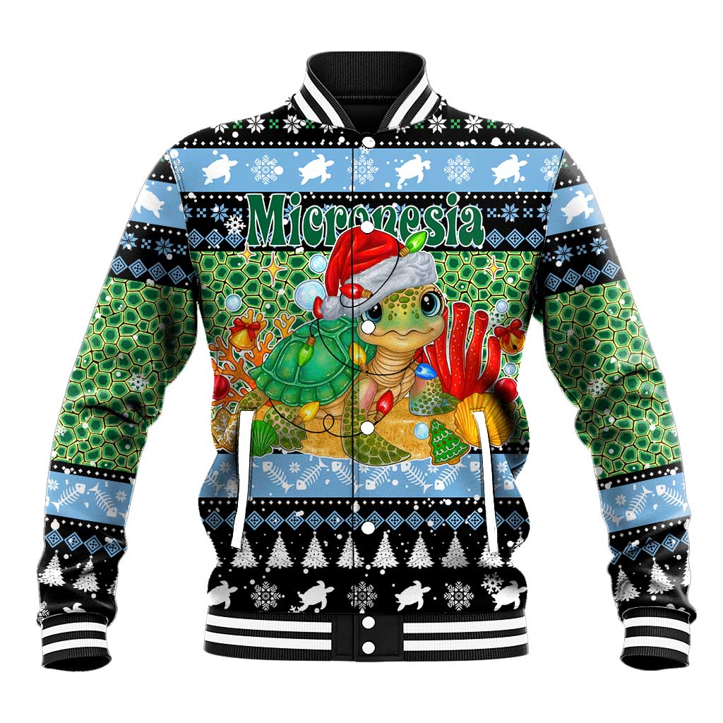 Micronesia Christmas Baseball Jacket with Santa Turtle Coral Reef and Holiday Ocean Pattern TS04 Unisex Black Green - Polynesian Pride