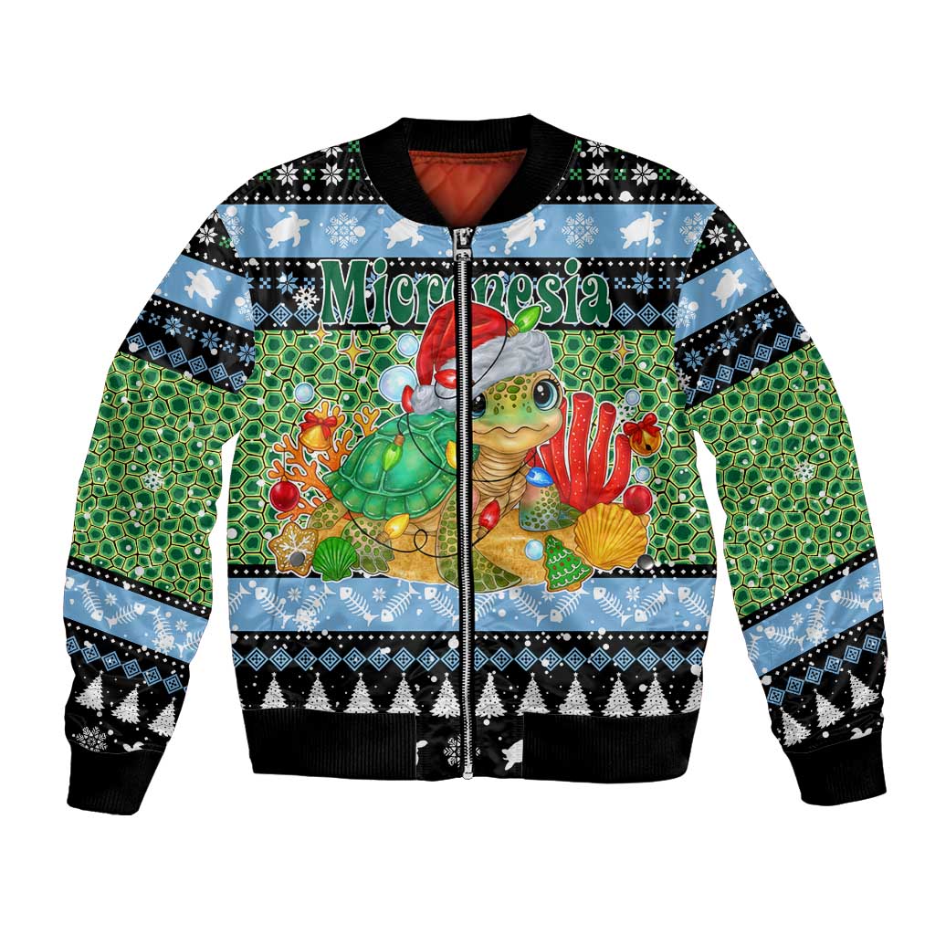 Micronesia Christmas Bomber Jacket with Santa Turtle Coral Reef and Holiday Ocean Pattern TS04 Unisex Black Green - Polynesian Pride