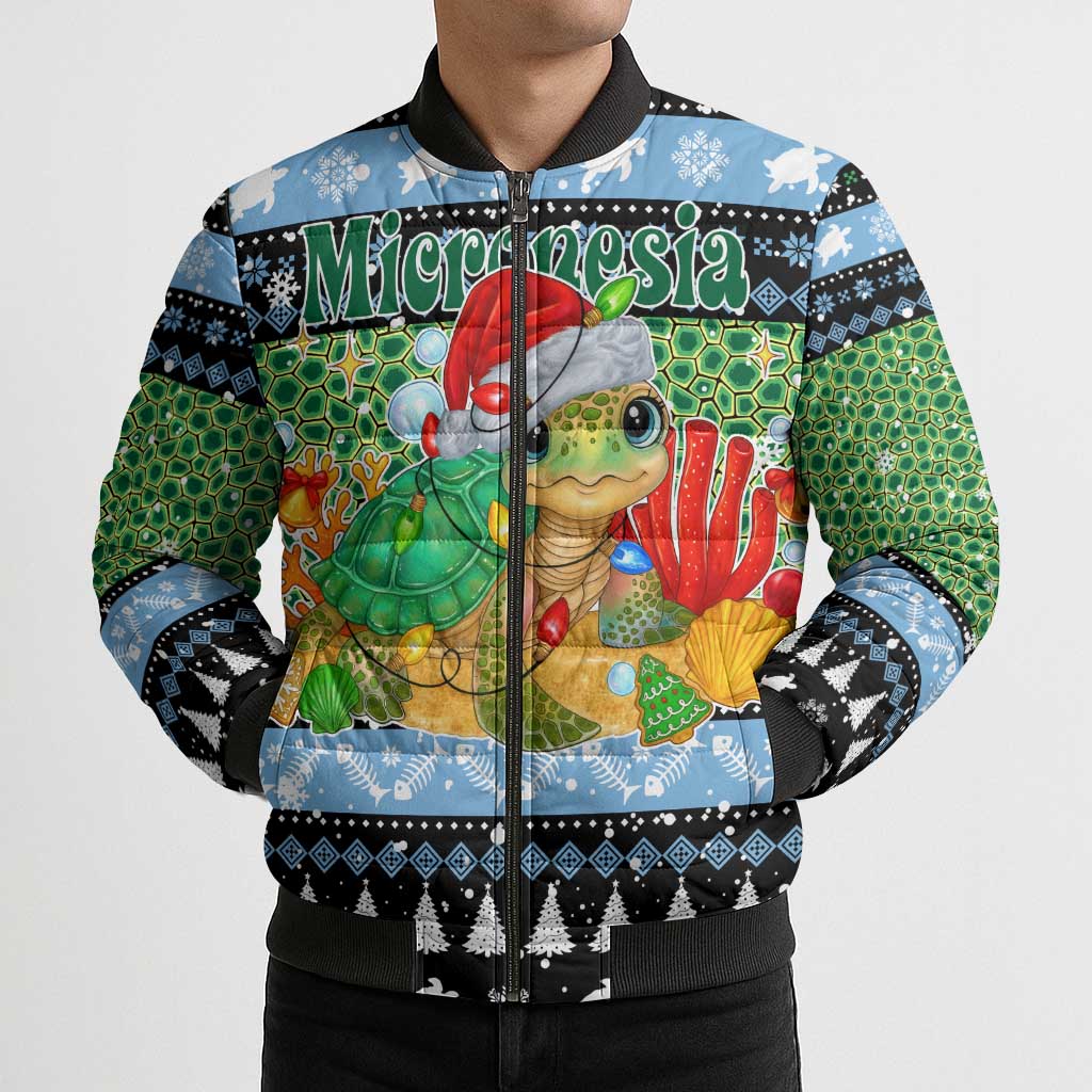 Micronesia Christmas Bomber Puffer Jacket with Santa Turtle Coral Reef and Holiday Ocean Pattern - Polynesian Pride