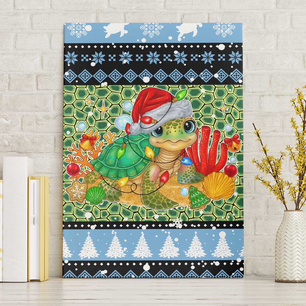 Micronesia Christmas Canvas Wall Art with Santa Turtle Coral Reef and Holiday Ocean Pattern TS04 Without Frame Black Green - Polynesian Pride