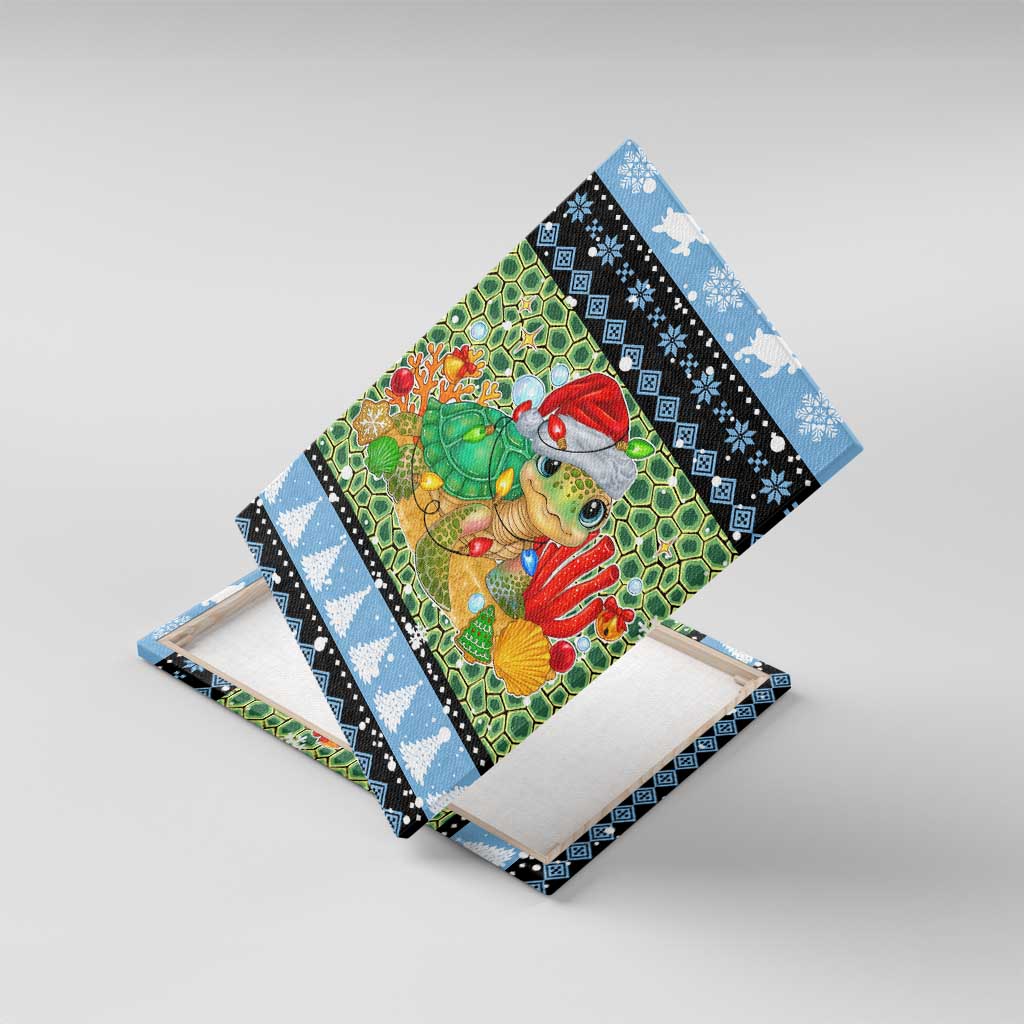 Micronesia Christmas Canvas Wall Art with Santa Turtle Coral Reef and Holiday Ocean Pattern TS04 With Frame Black Green - Polynesian Pride