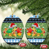Micronesia Christmas Ceramic Ornament with Santa Turtle Coral Reef and Holiday Ocean Pattern TS04 Oval Black Green - Polynesian Pride