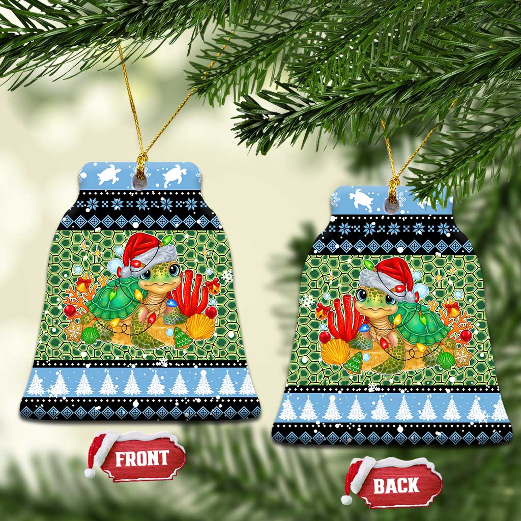 Micronesia Christmas Ceramic Ornament with Santa Turtle Coral Reef and Holiday Ocean Pattern TS04 Bell Flake Black Green - Polynesian Pride