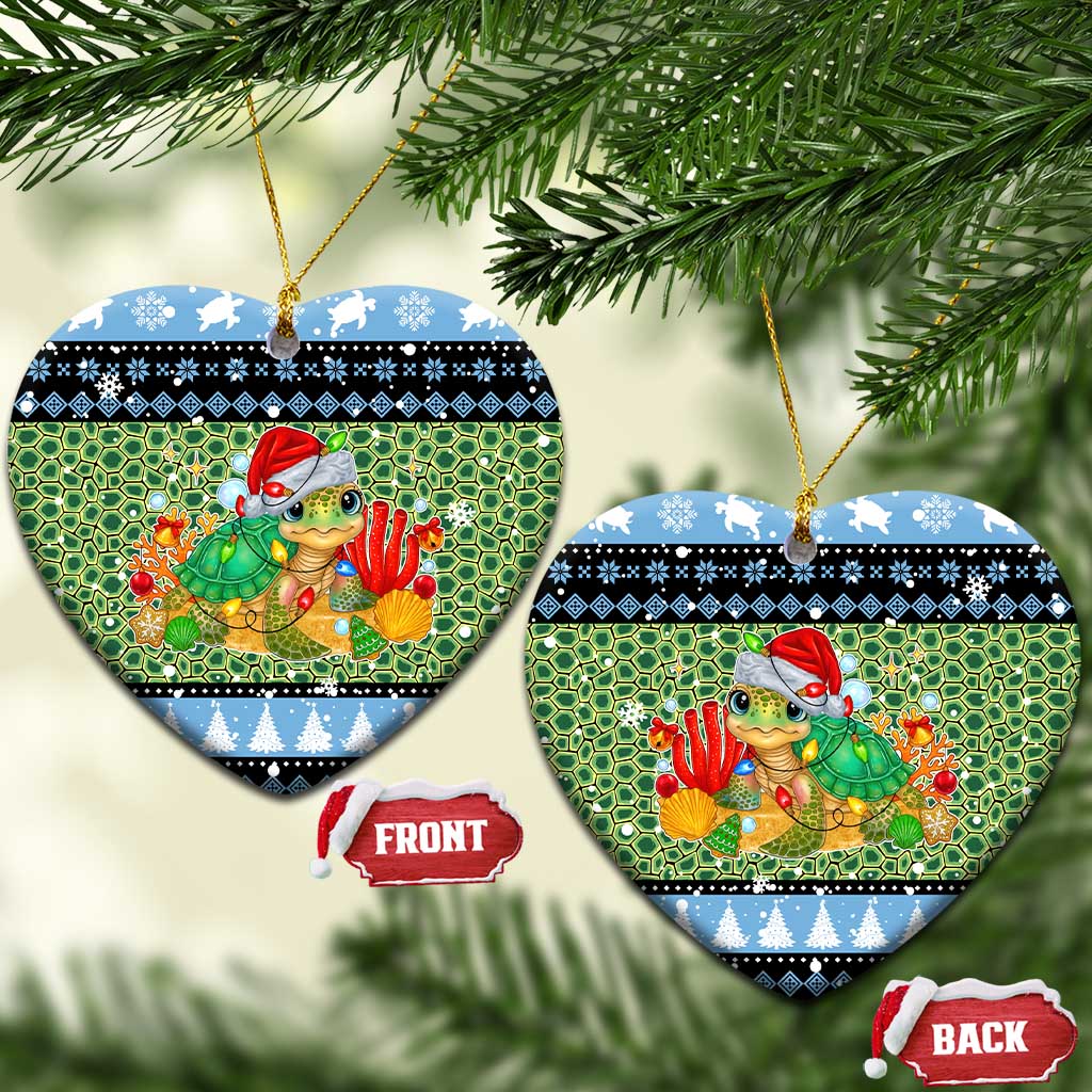 Micronesia Christmas Ceramic Ornament with Santa Turtle Coral Reef and Holiday Ocean Pattern TS04 Heart Black Green - Polynesian Pride