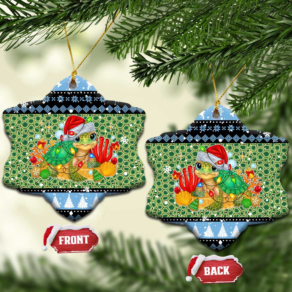 Micronesia Christmas Ceramic Ornament with Santa Turtle Coral Reef and Holiday Ocean Pattern TS04 Snow Flake Black Green - Polynesian Pride