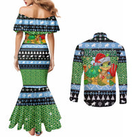 Micronesia Christmas Couples Matching Mermaid Dress and Long Sleeve Button Shirt with Santa Turtle Coral Reef and Holiday Ocean Pattern TS04 - Polynesian Pride