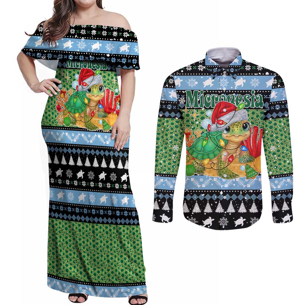 Micronesia Christmas Couples Matching Off Shoulder Maxi Dress and Long Sleeve Button Shirt with Santa Turtle Coral Reef and Holiday Ocean Pattern TS04 Black Green - Polynesian Pride