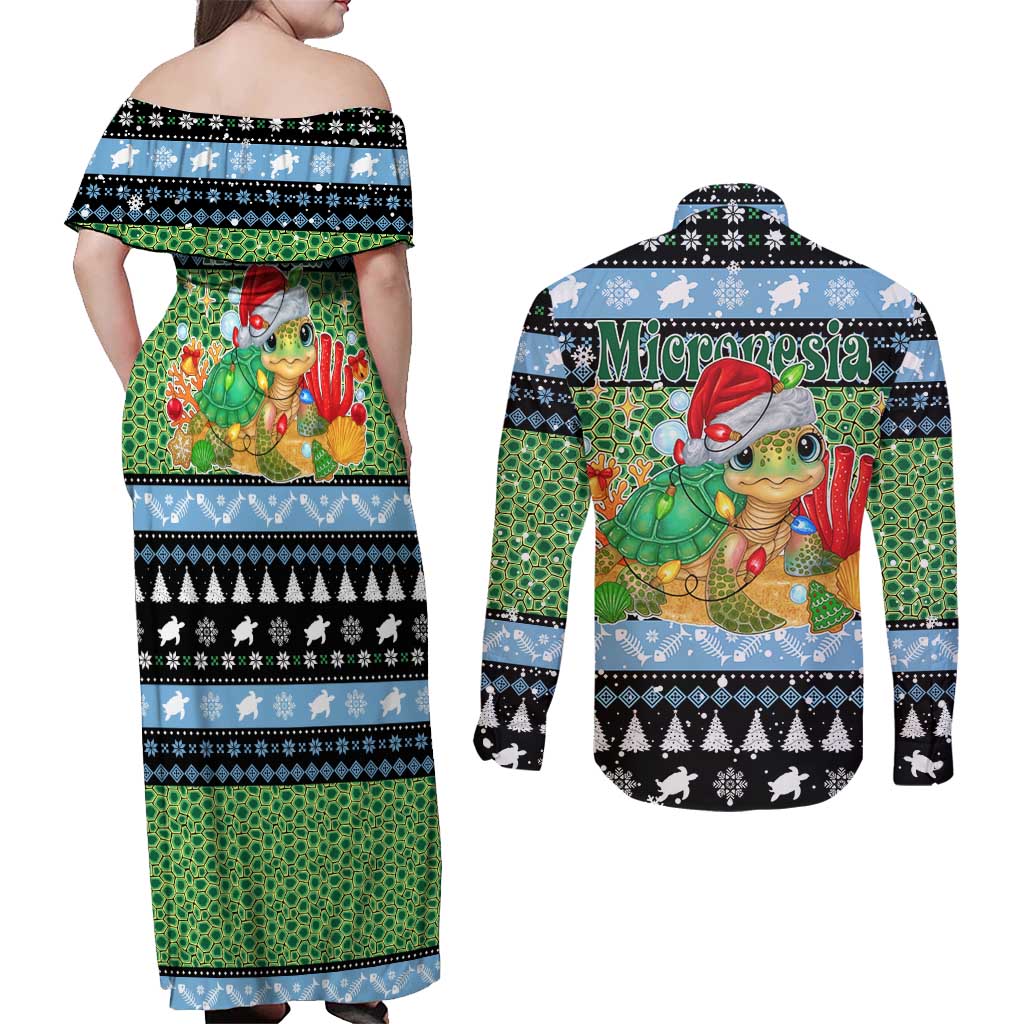 Micronesia Christmas Couples Matching Off Shoulder Maxi Dress and Long Sleeve Button Shirt with Santa Turtle Coral Reef and Holiday Ocean Pattern TS04 - Polynesian Pride