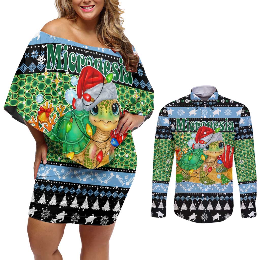 Micronesia Christmas Couples Matching Off Shoulder Short Dress and Long Sleeve Button Shirt with Santa Turtle Coral Reef and Holiday Ocean Pattern TS04 Black Green - Polynesian Pride