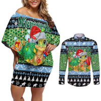 Micronesia Christmas Couples Matching Off Shoulder Short Dress and Long Sleeve Button Shirt with Santa Turtle Coral Reef and Holiday Ocean Pattern TS04 Black Green - Polynesian Pride