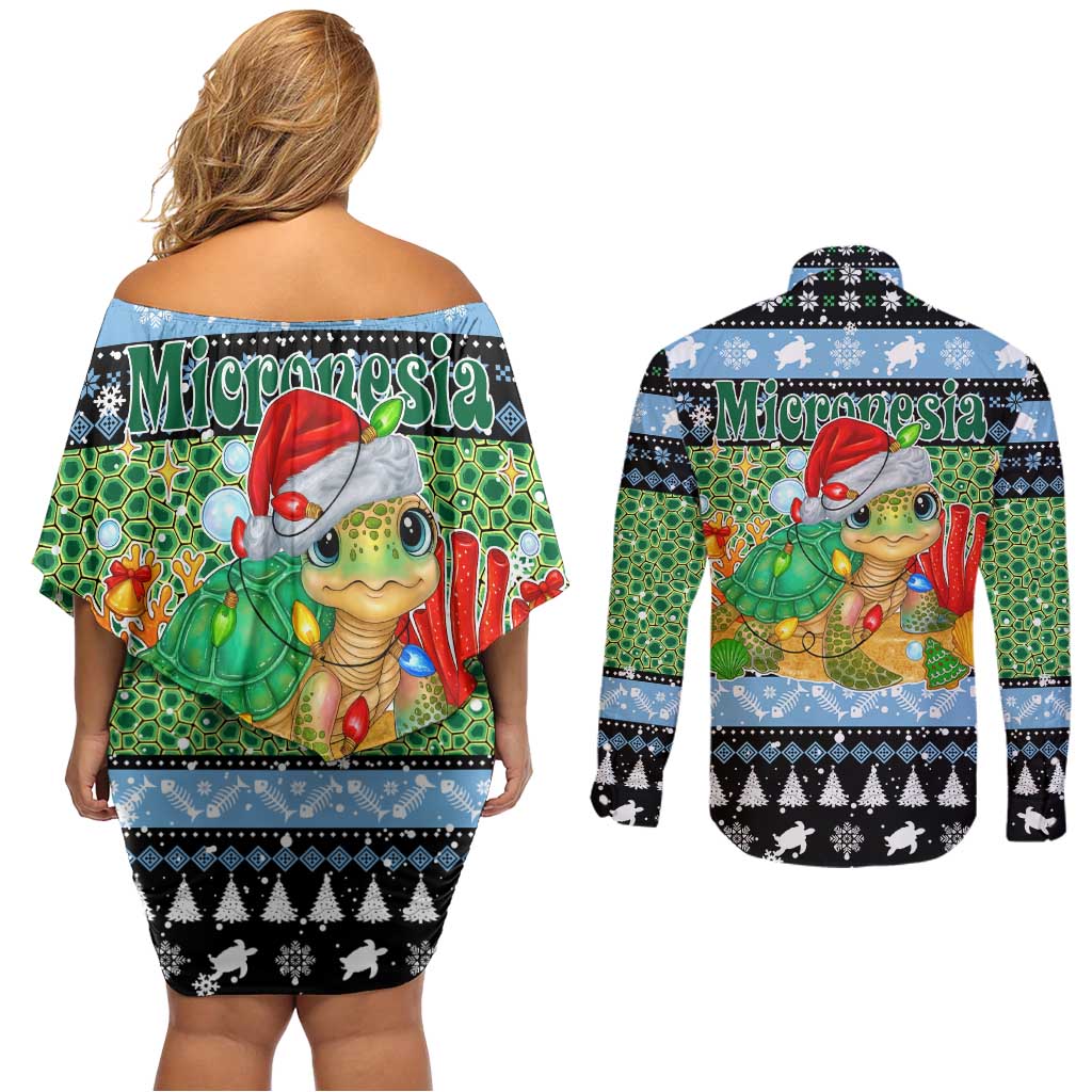 Micronesia Christmas Couples Matching Off Shoulder Short Dress and Long Sleeve Button Shirt with Santa Turtle Coral Reef and Holiday Ocean Pattern TS04 - Polynesian Pride