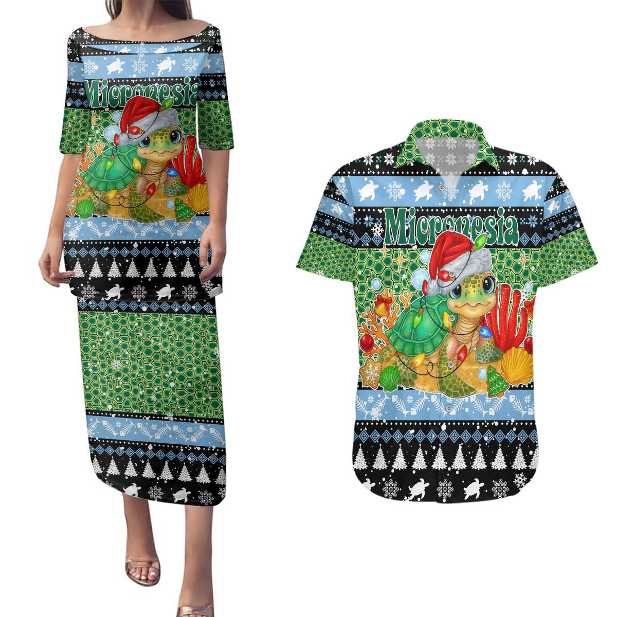 Micronesia Christmas Couples Matching Puletasi and Hawaiian Shirt with Santa Turtle Coral Reef and Holiday Ocean Pattern TS04 Black Green - Polynesian Pride