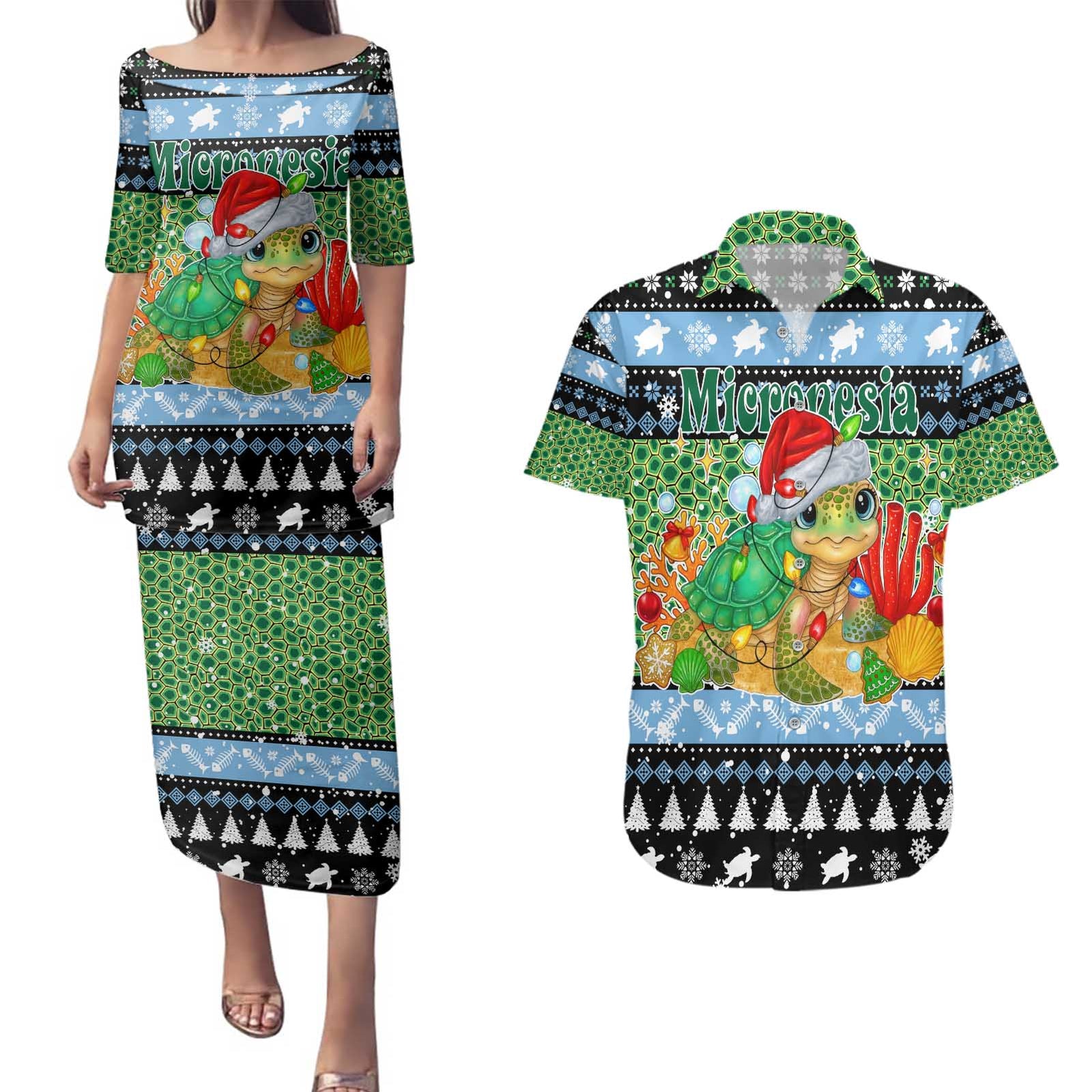 Micronesia Christmas Couples Matching Puletasi and Hawaiian Shirt with Santa Turtle Coral Reef and Holiday Ocean Pattern TS04 Black Green - Polynesian Pride