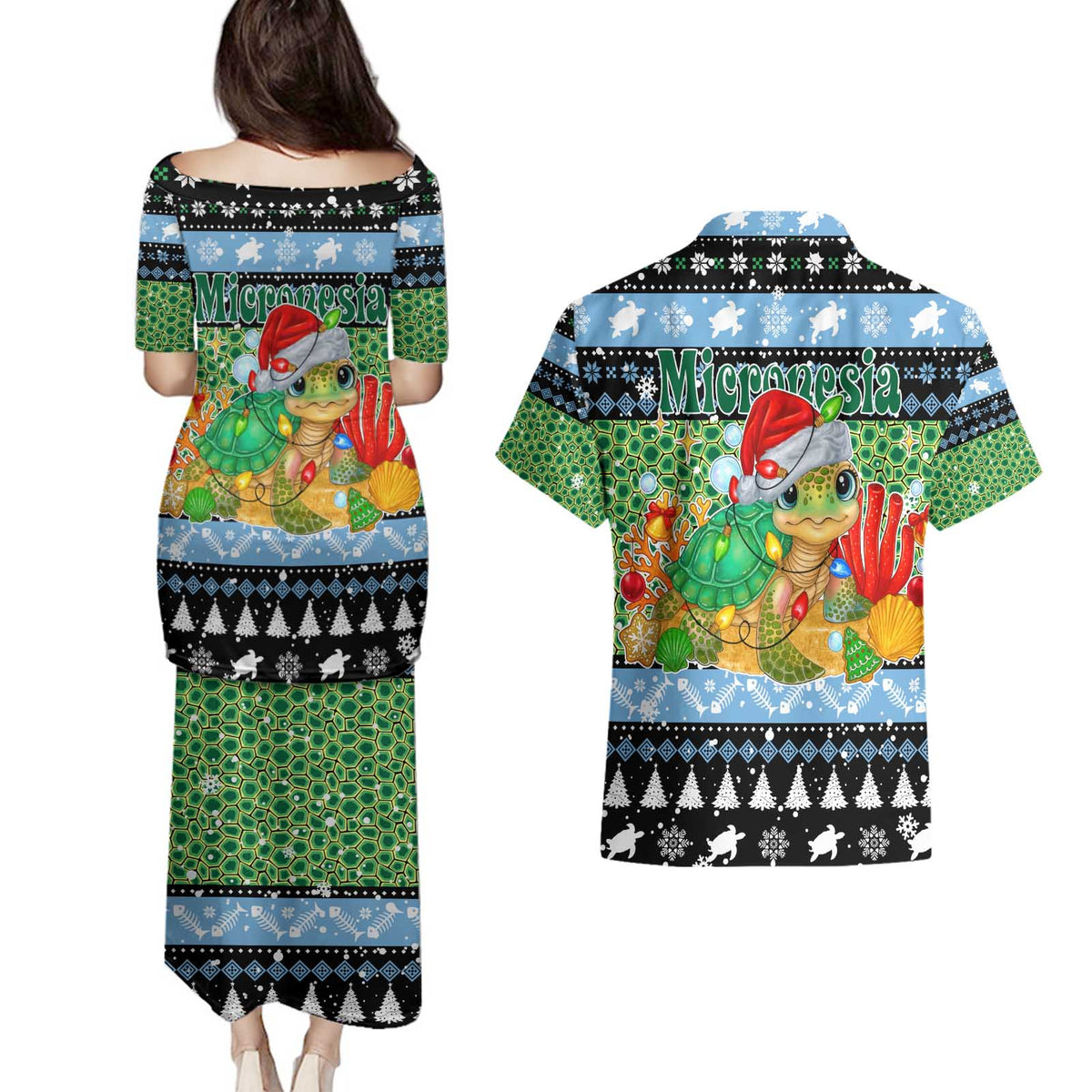 Micronesia Christmas Couples Matching Puletasi and Hawaiian Shirt with Santa Turtle Coral Reef and Holiday Ocean Pattern TS04 - Polynesian Pride