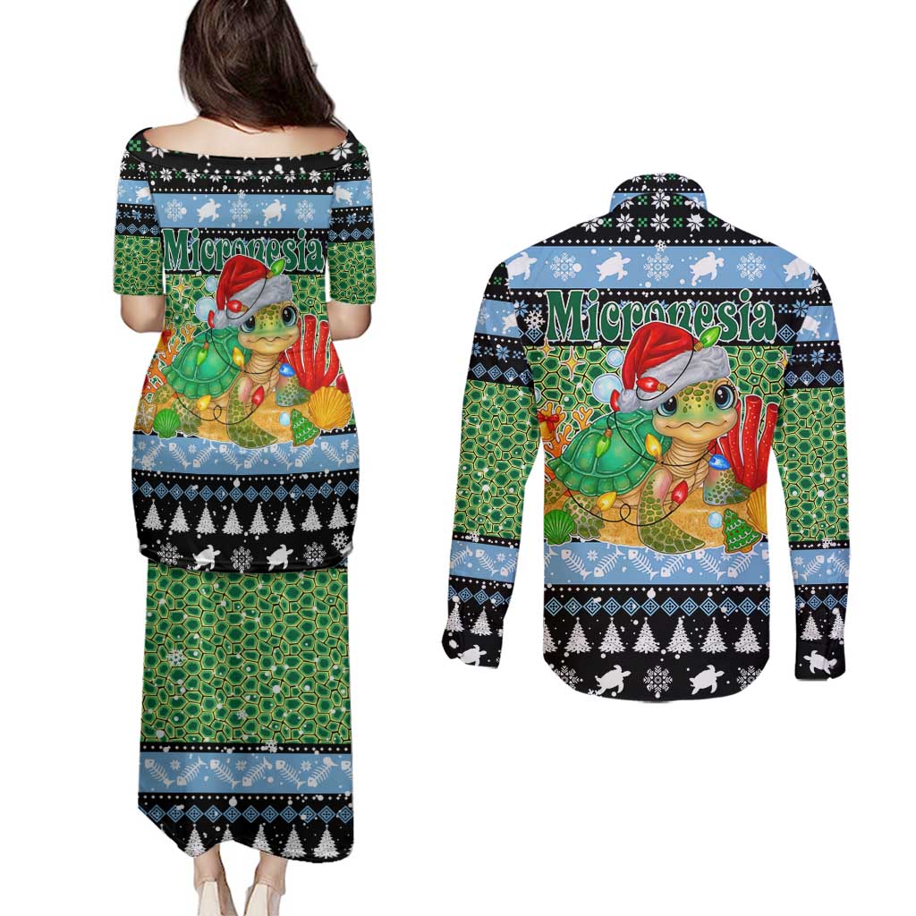 Micronesia Christmas Couples Matching Puletasi and Long Sleeve Button Shirt with Santa Turtle Coral Reef and Holiday Ocean Pattern TS04 - Polynesian Pride