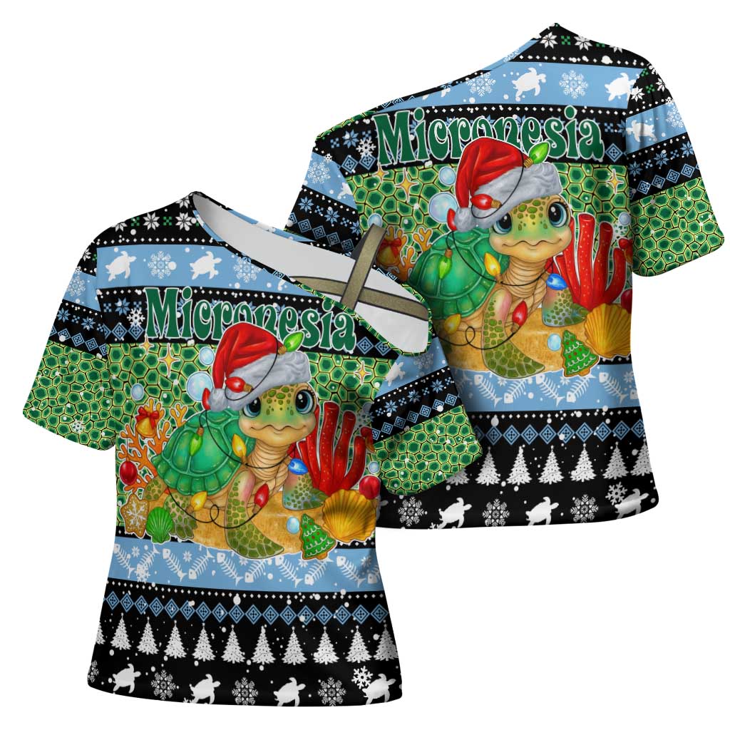 Micronesia Christmas Cross Shoulder Shirt with Santa Turtle Coral Reef and Holiday Ocean Pattern - Polynesian Pride