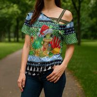 Micronesia Christmas Cross Shoulder Shirt with Santa Turtle Coral Reef and Holiday Ocean Pattern - Polynesian Pride