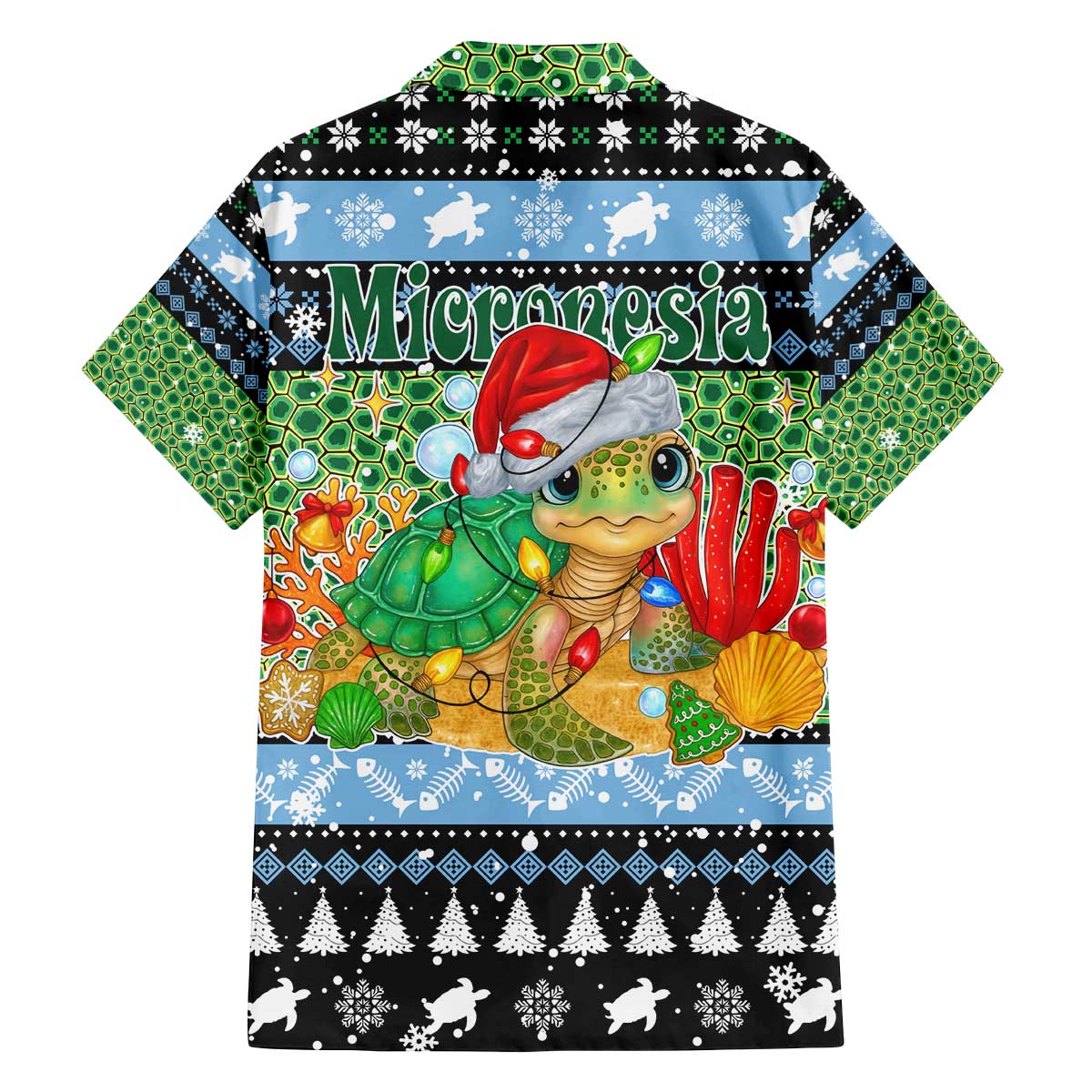 Micronesia Christmas Family Matching Off The Shoulder Long Sleeve Dress and Hawaiian Shirt with Santa Turtle Coral Reef and Holiday Ocean Pattern - Polynesian Pride