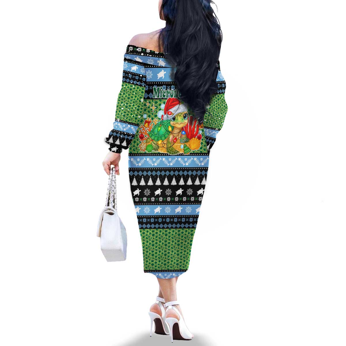 Micronesia Christmas Family Matching Off The Shoulder Long Sleeve Dress and Hawaiian Shirt with Santa Turtle Coral Reef and Holiday Ocean Pattern - Polynesian Pride