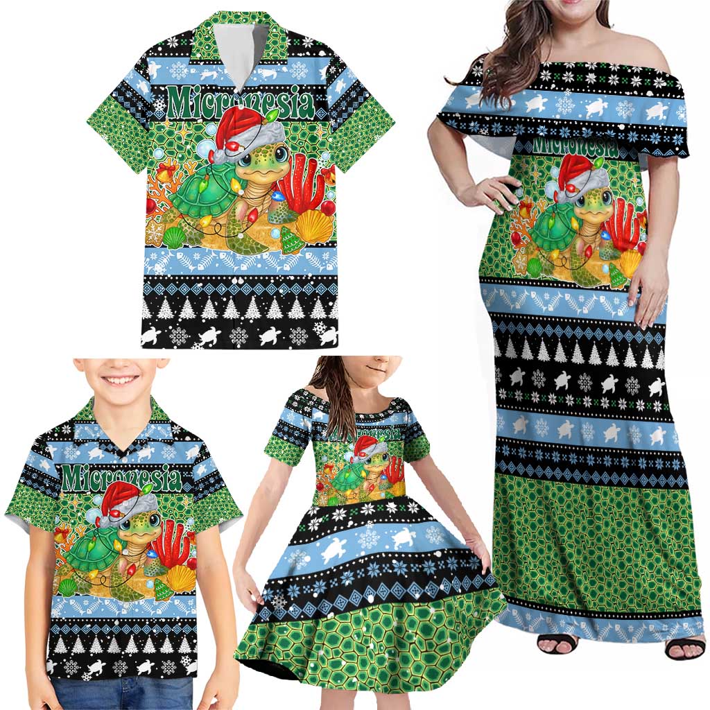Micronesia Christmas Family Matching Off Shoulder Maxi Dress and Hawaiian Shirt with Santa Turtle Coral Reef and Holiday Ocean Pattern - Polynesian Pride