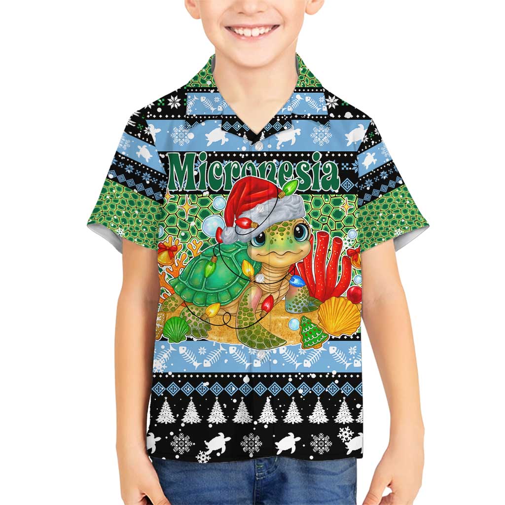 Micronesia Christmas Family Matching Off Shoulder Short Dress and Hawaiian Shirt with Santa Turtle Coral Reef and Holiday Ocean Pattern - Polynesian Pride