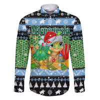 Micronesia Christmas Family Matching Puletasi and Hawaiian Shirt with Santa Turtle Coral Reef and Holiday Ocean Pattern TS04 Dad's Shirt - Long Sleeve Black Green - Polynesian Pride