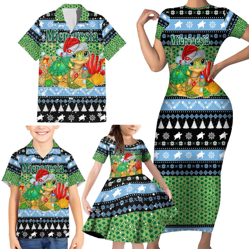 Micronesia Christmas Family Matching Short Sleeve Bodycon Dress and Hawaiian Shirt with Santa Turtle Coral Reef and Holiday Ocean Pattern - Polynesian Pride