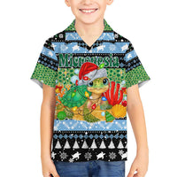 Micronesia Christmas Family Matching Short Sleeve Bodycon Dress and Hawaiian Shirt with Santa Turtle Coral Reef and Holiday Ocean Pattern - Polynesian Pride