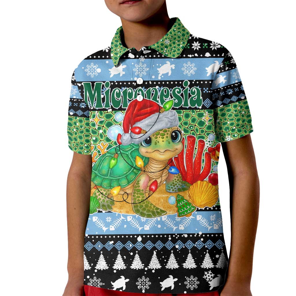 Micronesia Christmas Kid Polo Shirt with Santa Turtle Coral Reef and Holiday Ocean Pattern TS04 Kid Black Green - Polynesian Pride