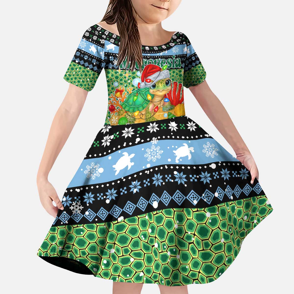 Micronesia Christmas Kid Short Sleeve Dress with Santa Turtle Coral Reef and Holiday Ocean Pattern TS04 KID Black Green - Polynesian Pride