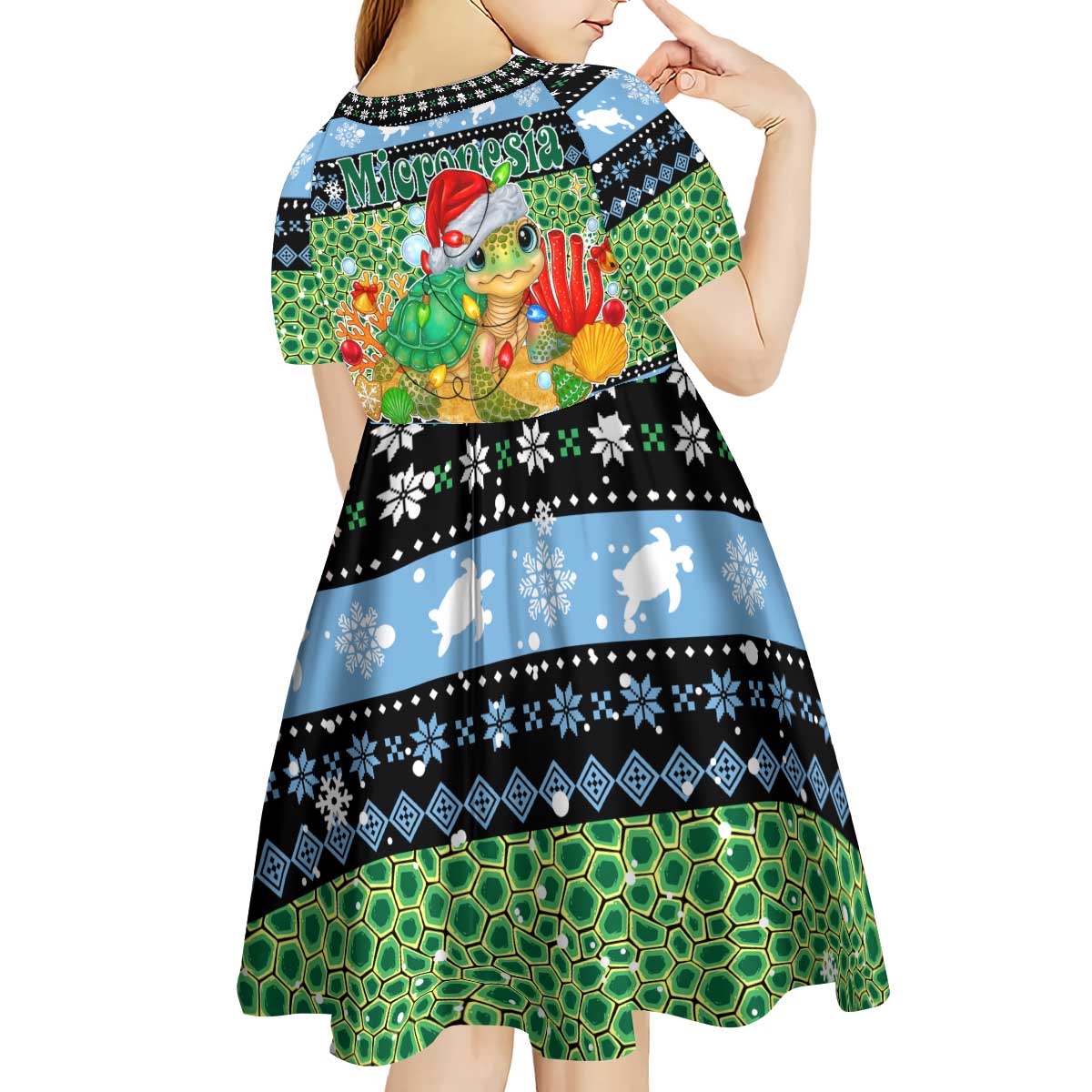 Micronesia Christmas Kid Short Sleeve Dress with Santa Turtle Coral Reef and Holiday Ocean Pattern TS04 - Polynesian Pride