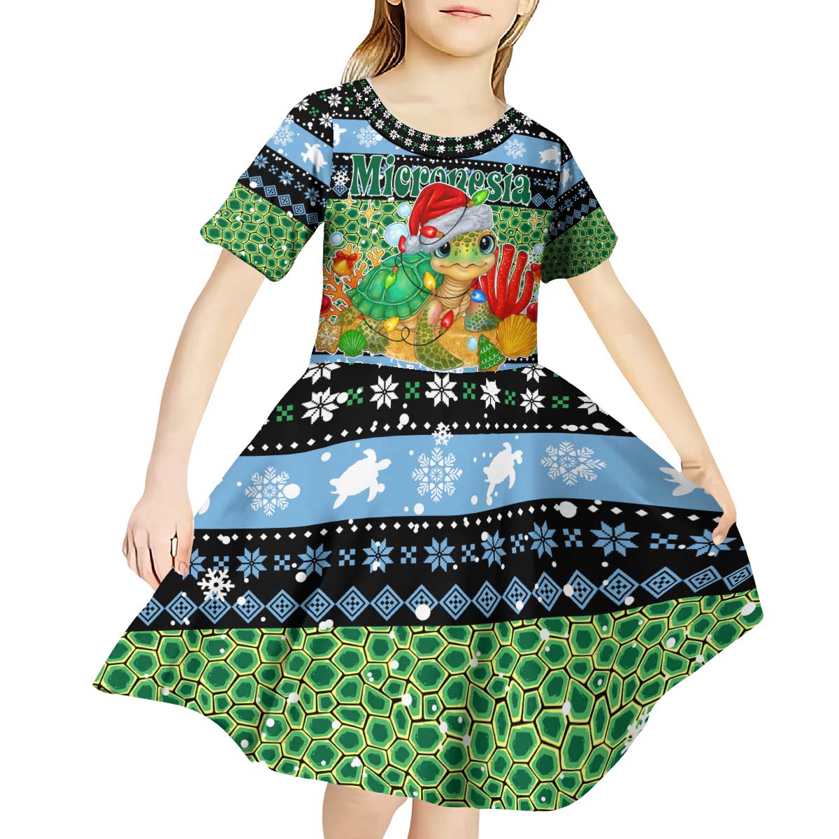 Micronesia Christmas Kid Short Sleeve Dress with Santa Turtle Coral Reef and Holiday Ocean Pattern TS04 - Polynesian Pride
