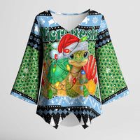Micronesia Christmas Kimono Sleeve Blouse with Santa Turtle Coral Reef and Holiday Ocean Pattern - Polynesian Pride