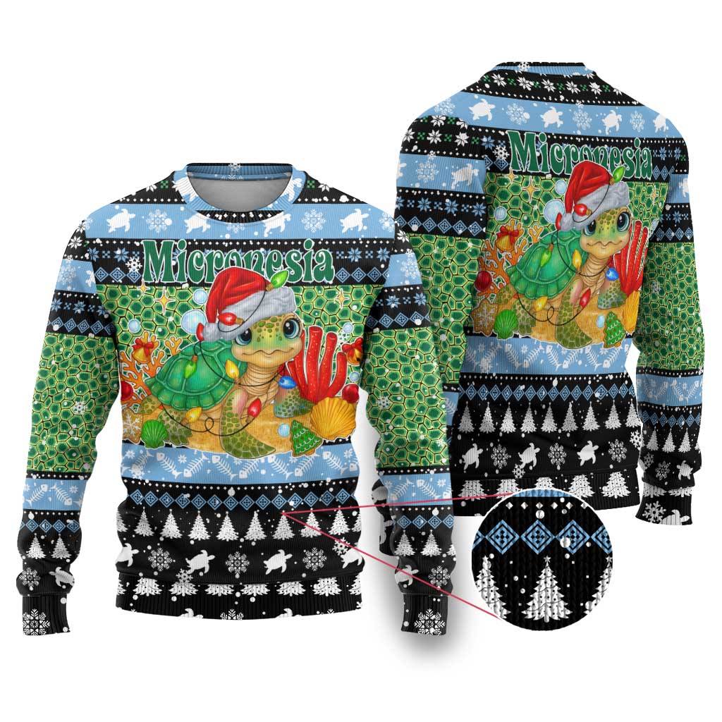 Micronesia Christmas Ugly Christmas Sweater with Santa Turtle Coral Reef and Holiday Ocean Pattern TS04 Black Green - Polynesian Pride