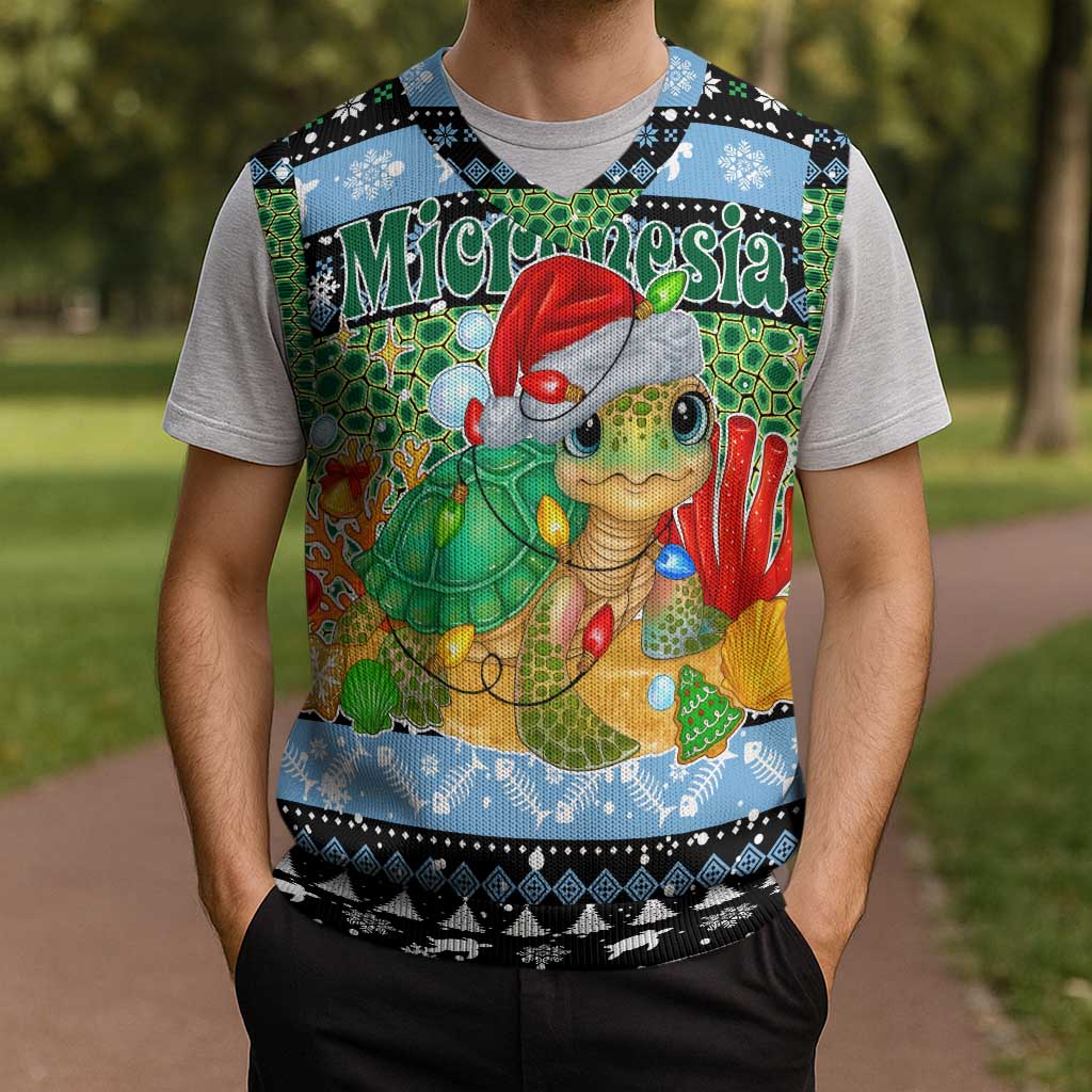 Micronesia Christmas Knitted V-Neck Vest with Santa Turtle Coral Reef and Holiday Ocean Pattern TS04 - Polynesian Pride