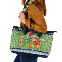 Micronesia Christmas Leather Tote Bag with Santa Turtle Coral Reef and Holiday Ocean Pattern TS04 Black Green - Polynesian Pride