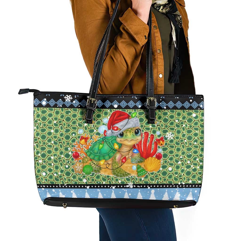 Micronesia Christmas Leather Tote Bag with Santa Turtle Coral Reef and Holiday Ocean Pattern TS04 - Polynesian Pride