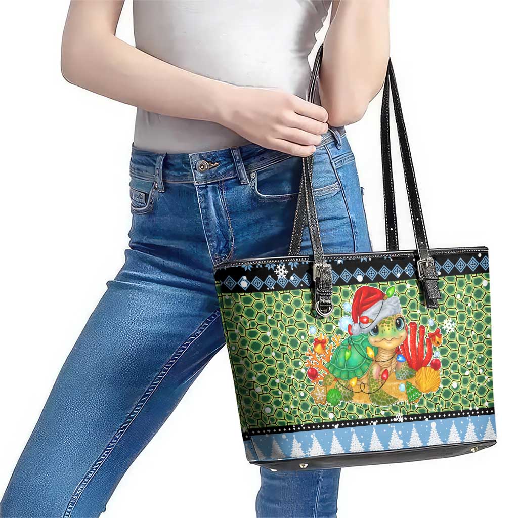 Micronesia Christmas Leather Tote Bag with Santa Turtle Coral Reef and Holiday Ocean Pattern TS04 - Polynesian Pride