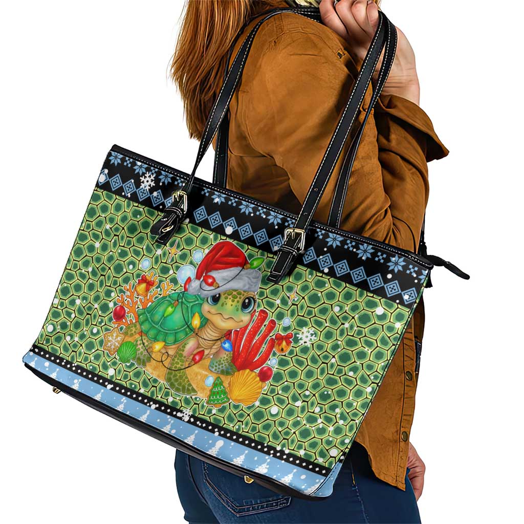 Micronesia Christmas Leather Tote Bag with Santa Turtle Coral Reef and Holiday Ocean Pattern TS04 - Polynesian Pride
