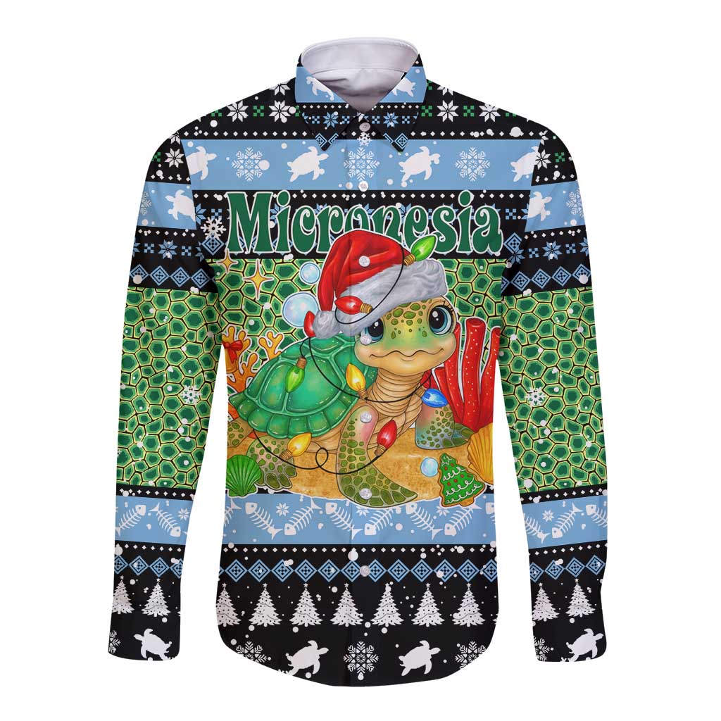 Micronesia Christmas Long Sleeve Button Shirt with Santa Turtle Coral Reef and Holiday Ocean Pattern TS04 Unisex Black Green - Polynesian Pride