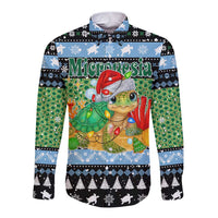Micronesia Christmas Long Sleeve Button Shirt with Santa Turtle Coral Reef and Holiday Ocean Pattern TS04 Unisex Black Green - Polynesian Pride