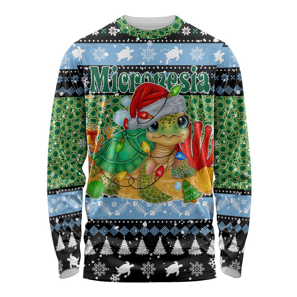 Micronesia Christmas Long Sleeve Shirt with Santa Turtle Coral Reef and Holiday Ocean Pattern TS04 Unisex Black Green - Polynesian Pride
