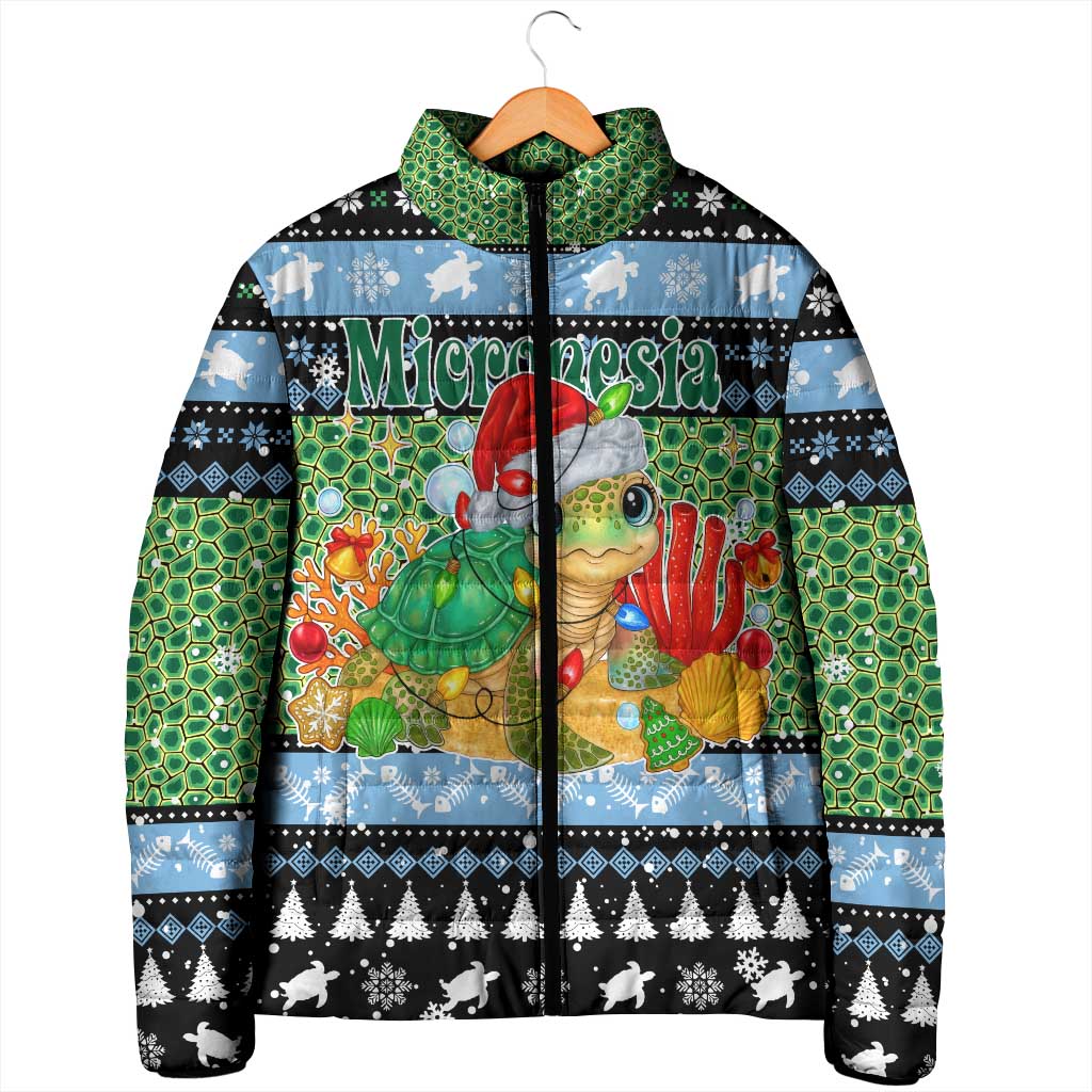 Micronesia Christmas Padded Jacket with Santa Turtle Coral Reef and Holiday Ocean Pattern - Polynesian Pride