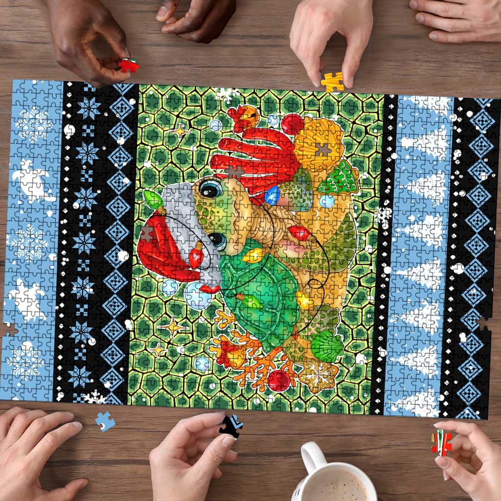 Micronesia Christmas Puzzle with Santa Turtle Coral Reef and Holiday Ocean Pattern - Polynesian Pride