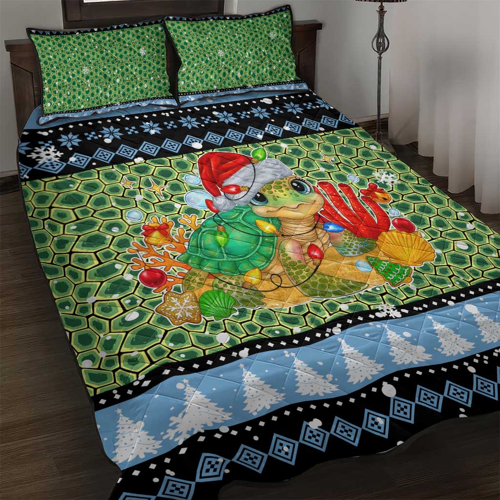 Micronesia Christmas Quilt Bed Set with Santa Turtle Coral Reef and Holiday Ocean Pattern TS04 Black Green - Polynesian Pride